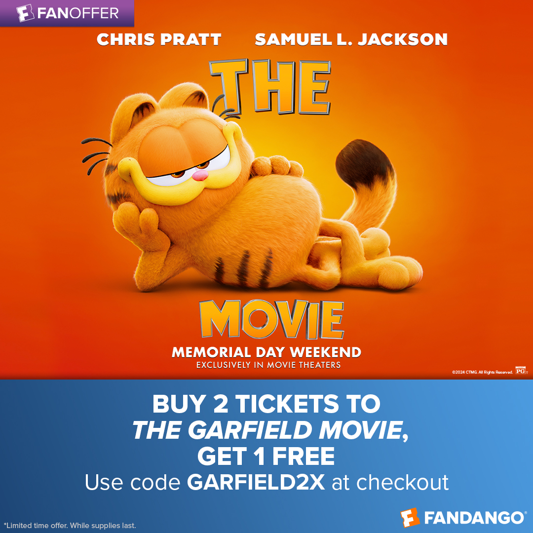 RIGHT NOW: Purchase two tickets to The Garfield Movie and get one ticket free using code GARFIELDX2 at checkout 🐈