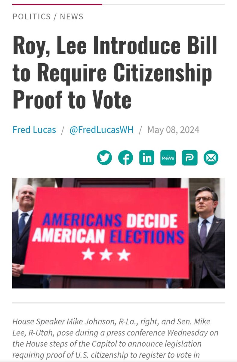 SAVE Act: to Require Proof of Citizenship to establish eligibility to vote in federal elections Read post by Senator Mike Lee (R-UT) below. Article: dailysignal.com/2024/05/08/roy…