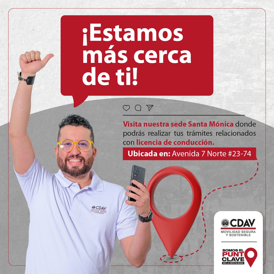 CDAVCali's tweet image. El punto clave de la movilidad en Cali se encuentra más cerca de ti. Visita nuestra sede en Santa Mónica y recibe nuestro servicio.🙌🚘
 En caso de tener preguntas, contáctanos en nuestra línea de atención (602) 380 8957. ¡Te esperamos! 🤩