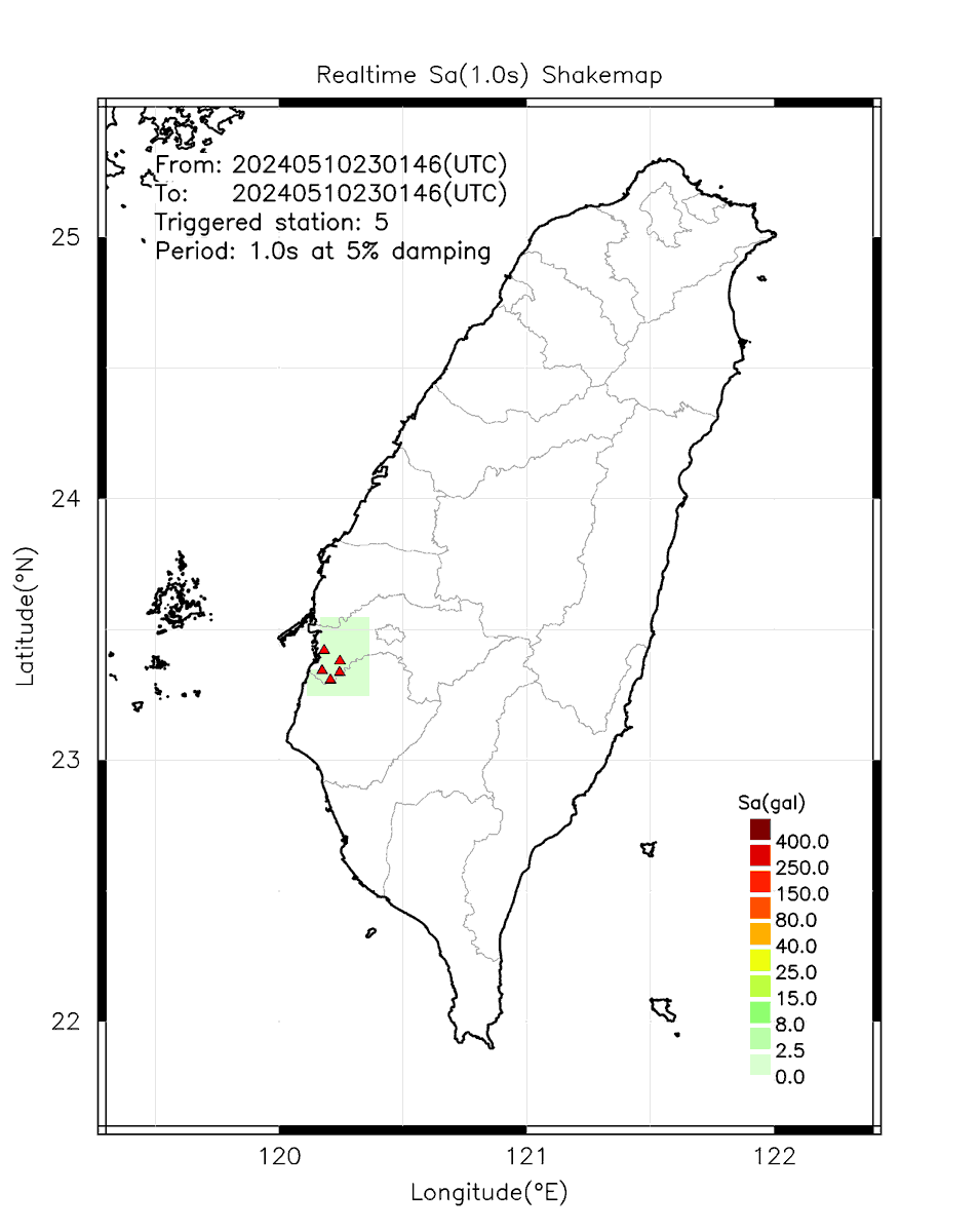 Automatically Plotted Shakemaps:
* 2024-05-11 07:01:46 (UTC+08:00, Taipei)
* Evt. 20240511070146, First Report.
* Total 5 triggered stations

Note: These shakemaps are not yet confirmed, for reference only!
#地震 #台灣 #earthquake #Taiwan