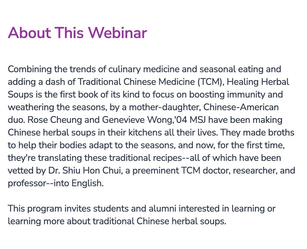 In preparation 4 summer ☀️ Rose & Genevieve are leading a free, 1-hr webinar about The Healing Herbal Soups Lifestyle 🪴 with Gen’s alma mater @northwesternu 💜! 2 watch, log onto their Zoom at 10a PT on 5/14: northwestern.zoom.us/j/94977670289. Meeting ID: 949 7767 0289. @NUAlumni 🥣 #tcm