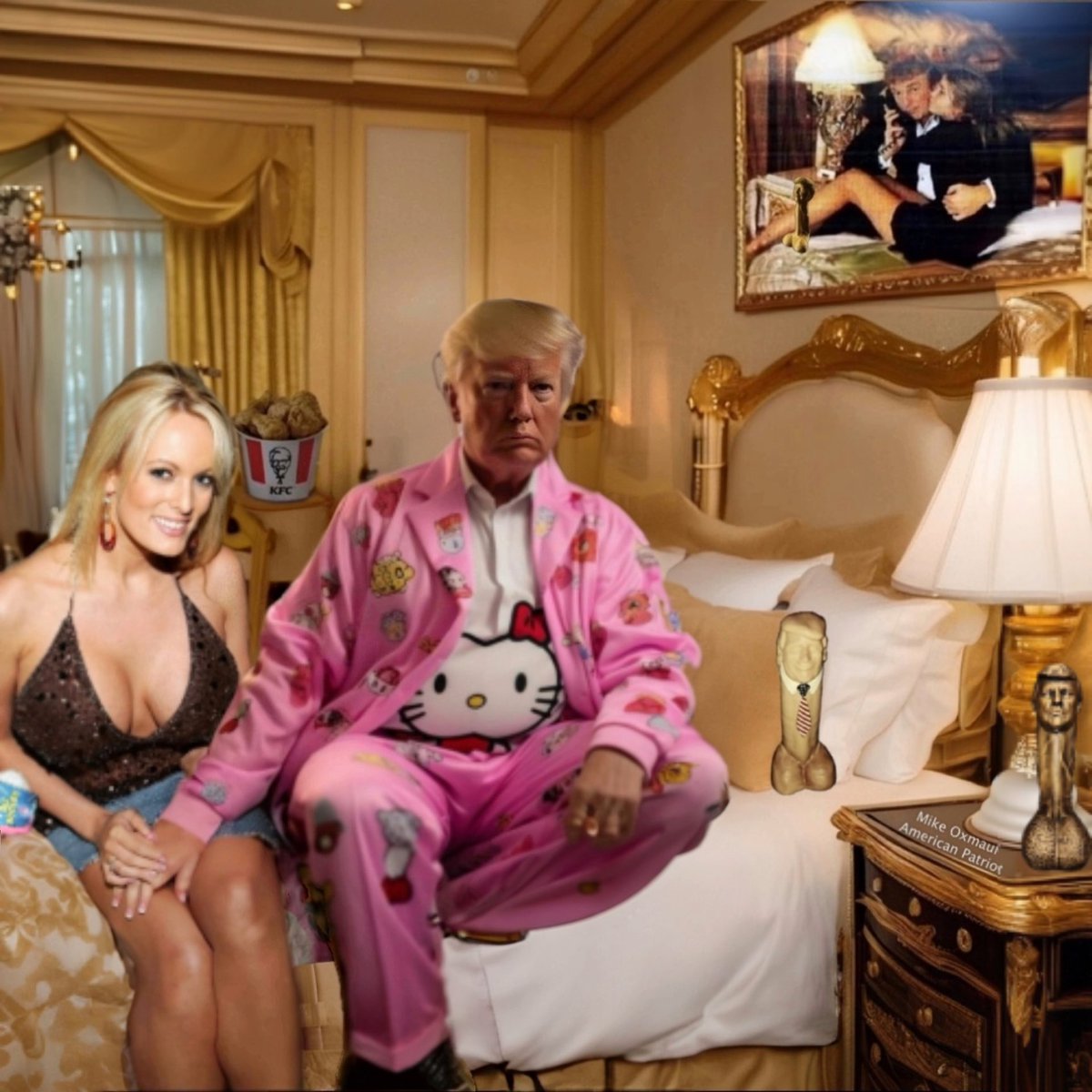 Unfortunately for Trump, this photo just leaked online of @StormyDaniels meeting @realDonaldTrump in a hotel room, this collaborates with #Stormy_Daniels testimony that #Trump wore Hello Kitty pajamas when meeting her. #StormyDaniels #TrumpCourt #HushMoneyTrial #Trump2024 #MAGA