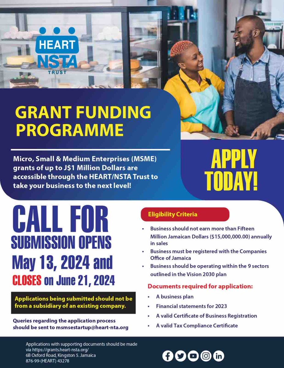 Unlock growth for your business with HEART/NSTA Trust grants! Up to J$1 Million available for MSMEs. Apply now to seize this opportunity!  #GrantFunding #MSME #OpportunityKnocks