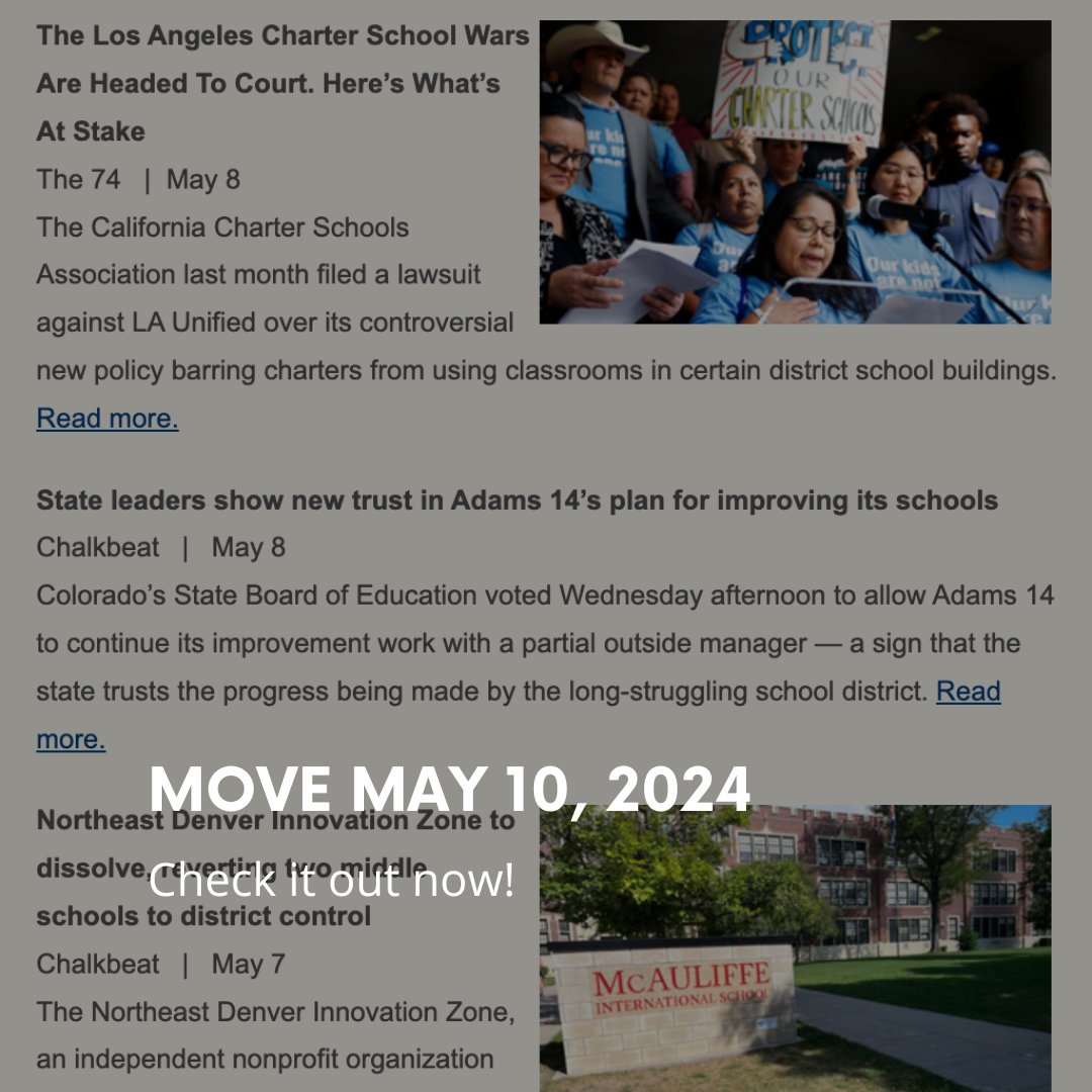 💡Our MOVE newsletter for May is here, including highlights from the 2024 Colorado legislative season and how summer programs just may boost enrollment. 📰 Read it now:  tinyurl.com/hs2dwjyk 🎉

#CharterSchools #EducationNews #TeacherAppreciation  #education #colorado #k12