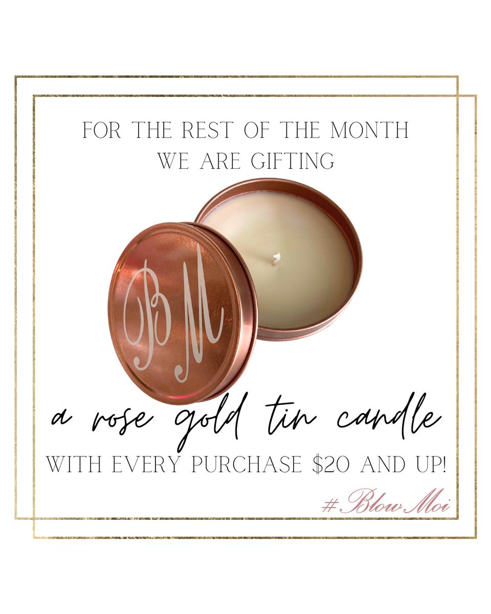 We are gifting one of our Rose Gold Tin Candles with every order when you purchase $20 or more!

Comment, Share & Tag or Purchase for Entries into our monthly GIVEAWAY!! #blowmoi #cleanburning #soywax #organicfragrance #contest #win #free #candlegift #rosegold #thankyou