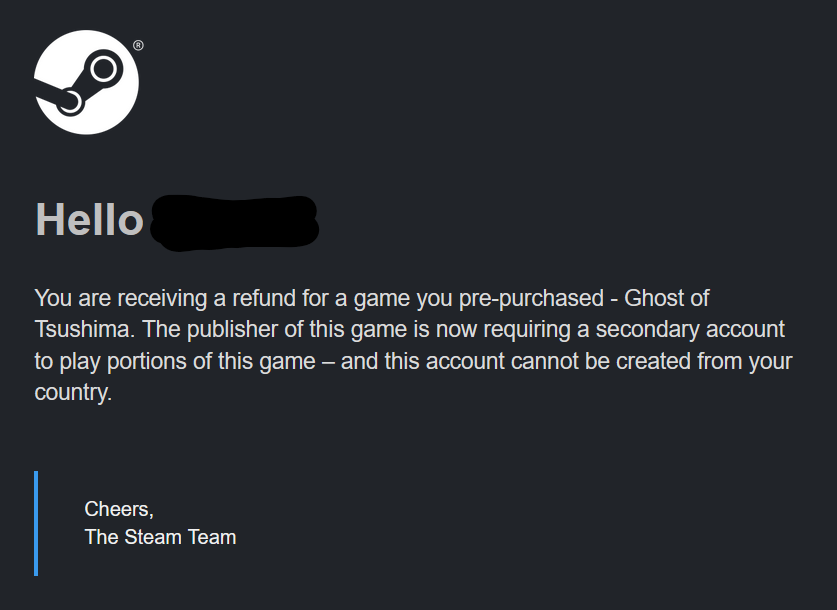 [閒聊] Steam為不支援PSN地區的對馬戰鬼預購退款