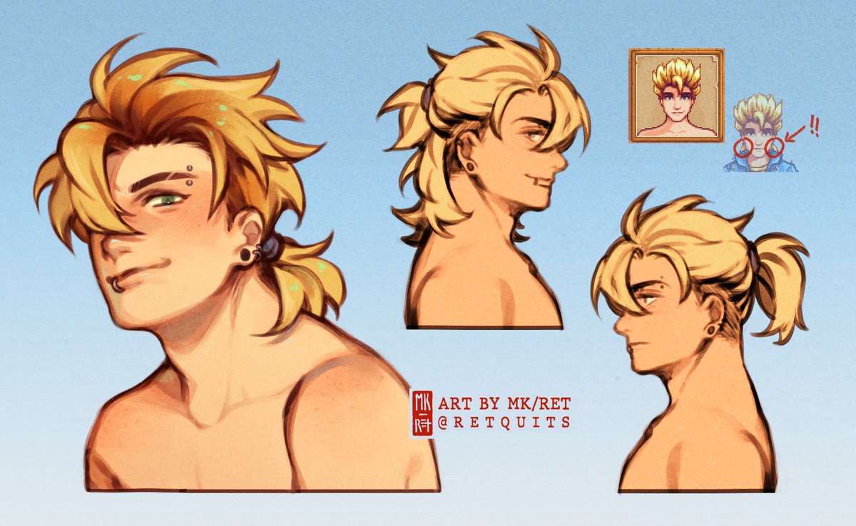 so i noticed in sam's beach stardew valley portrait, the long part of his mullet is missing … maybe he has it in a ponytail? 😗