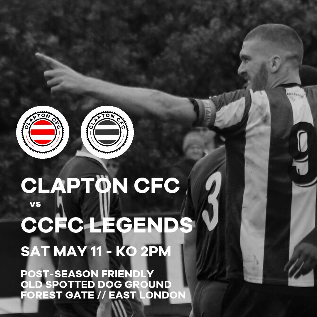 🏆 Matchday 🏆 The current CCFC men's first team face CCFC Legends in a very competitive post-season friendly. 📍 @OldSpottedDogE7 🚇 Forest Gate | Wanstead Park | Plaistow | Upton Park | Stratford 🏆 Legends Trophy 🎟️ Pay what you want 🍻 Bar | food claptoncfc.co.uk/2024/05/06/cla…