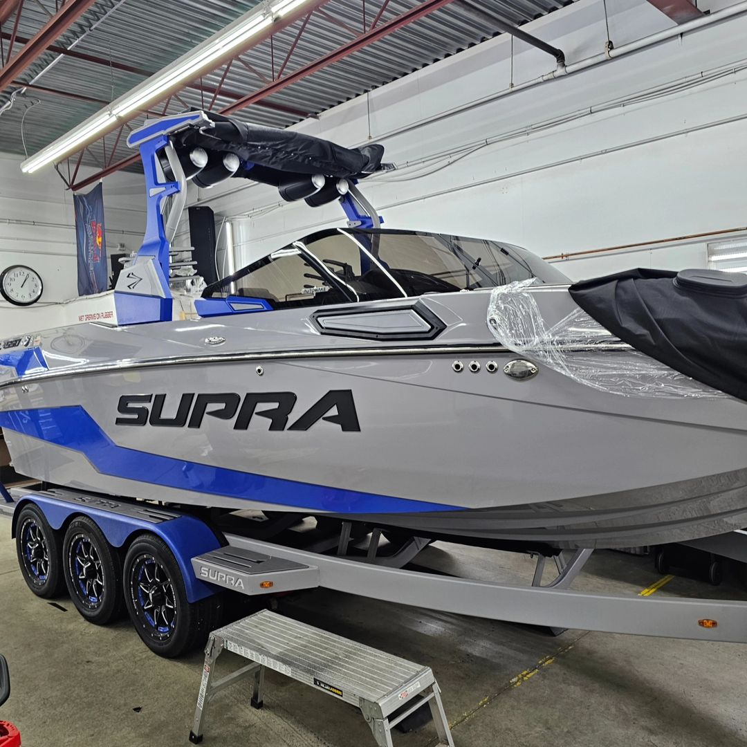 New Supra Boat SL550 in for paint protection film on the rear transom, tinted windshield, plus ceramic glass coating applied as well 😎 #yeg #boatseason #ppf #supraboats