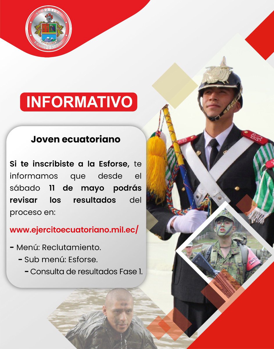 𝐄𝐥 𝐄𝐣é𝐫𝐜𝐢𝐭𝐨 𝐄𝐜𝐮𝐚𝐭𝐨𝐫𝐢𝐚𝐧𝐨 𝐢𝐧𝐟𝐨𝐫𝐦𝐚: A los jóvenes que postularon para ingresar la ESFORSE. ingresen a la página web del Ejército, para que consulten los resultados del proceso de La Fase 1 ejercitoecuatoriano.mil.ec #EjércitoECU