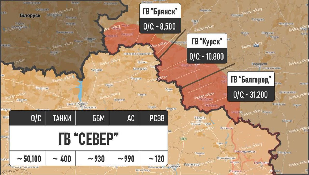 🤔Kuzey sınırındaki terörist Rusya güçleri üç grupa yığınak yapıyor. Kuzey' grubuna ait ; “Bryansk” “Kursk' “Bilhorod' Yığınağın yaklaşık miktarı; - 400 tank. - 930 BBM. ~ 1000 topçu sistemi.