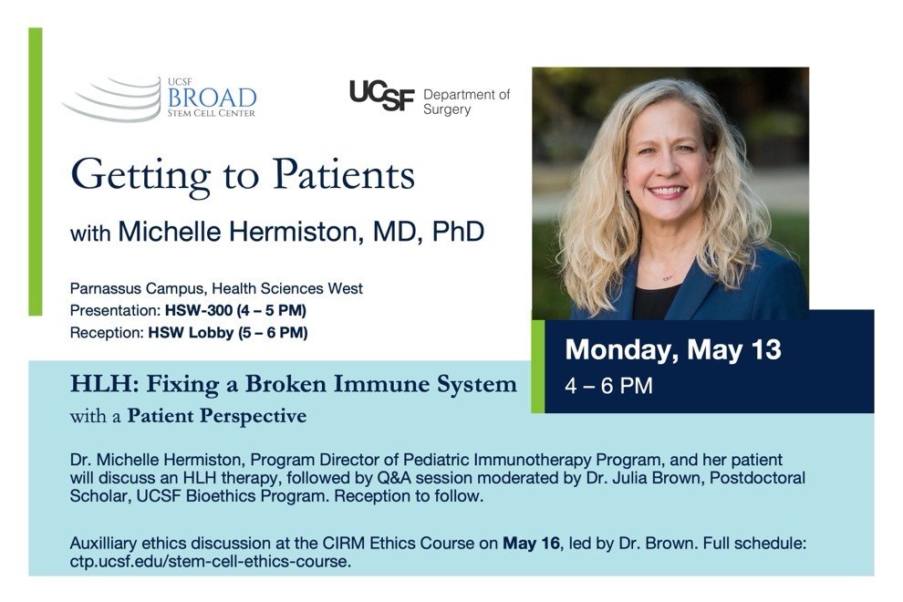 ‼️Join us & Dr. Michelle Hermiston, @UCSF Pediatric Immunotherapy Program Director, on Monday, May 13th for the 'Getting to Patients' seminar. Explore biomedical research, from bench to bedside, and the patient experience. Register at: tiny.ucsf.edu/HS69kX
