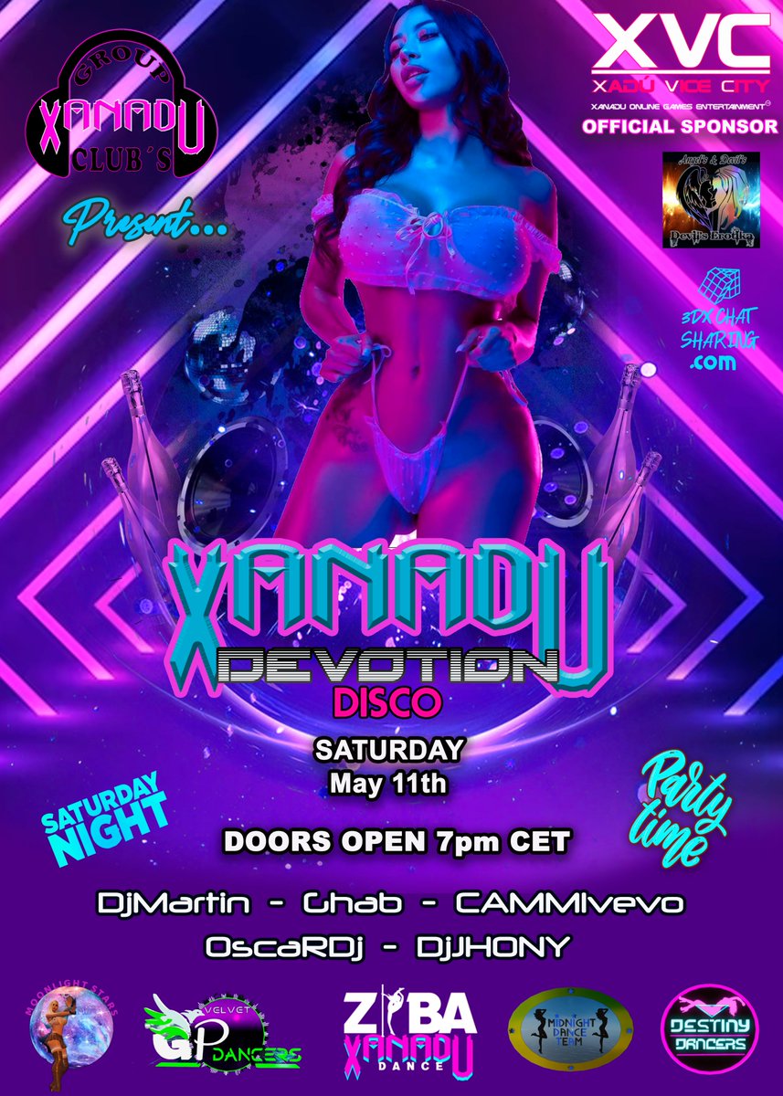 'The night fever ignites at XANADU DEVOTION PARTY HOT this Saturday, May 11, at 7pm CET at 3DXChat! 🔥 With 5 live DJs, an unforgettable atmosphere awaits - don't miss it! 💃🎶 #XANADU #PartyHard #3DXChat'