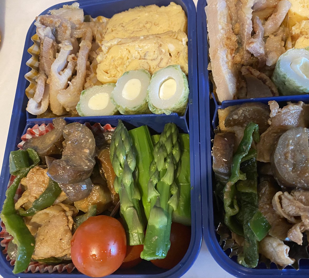 今朝のミッチーみちみち弁当、メインは豚肉の麹味噌漬けです。食中毒が気になる季節は冷凍食品を上手く使って中の温度が上がり過ぎない事が大事だと。チクワちゃんありがとう。アスパラの季節ですね。冬に眠ってエネルギーを十分蓄えた大地から伸びるアスパラは夏を乗り越えるエネルギーになりそう。