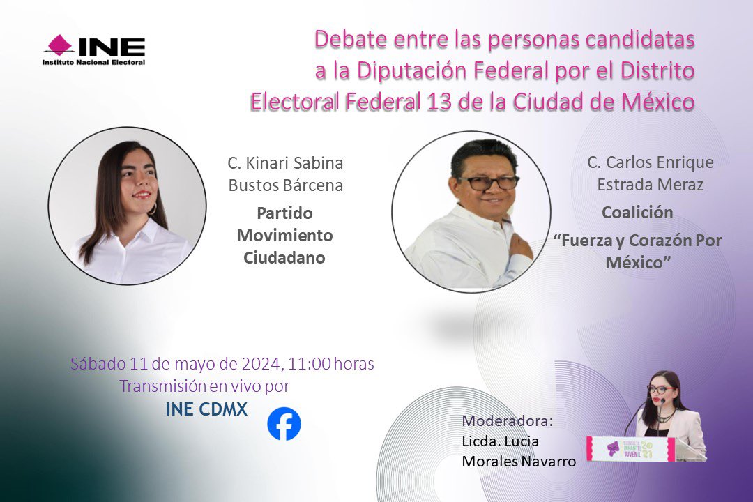 📺 Recuerda conectarte al Debate entre las personas candidatas a la diputación federal por el Distrito 13 de la CDMX. ⏰ 11/MAY - 11:00 hrs. ▶️ tinyurl.com/243tpfxy
