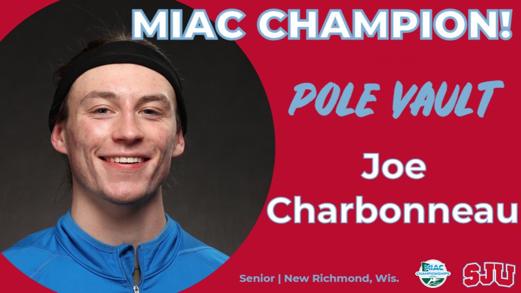 MIAC CHAMPION! Senior Joe Charbonneau wins his 3rd-straight MIAC outdoor title in the pole vault (5th overall) by tying for 1st w/a height of 4.60 meters! #GoJohnnies #d3tf