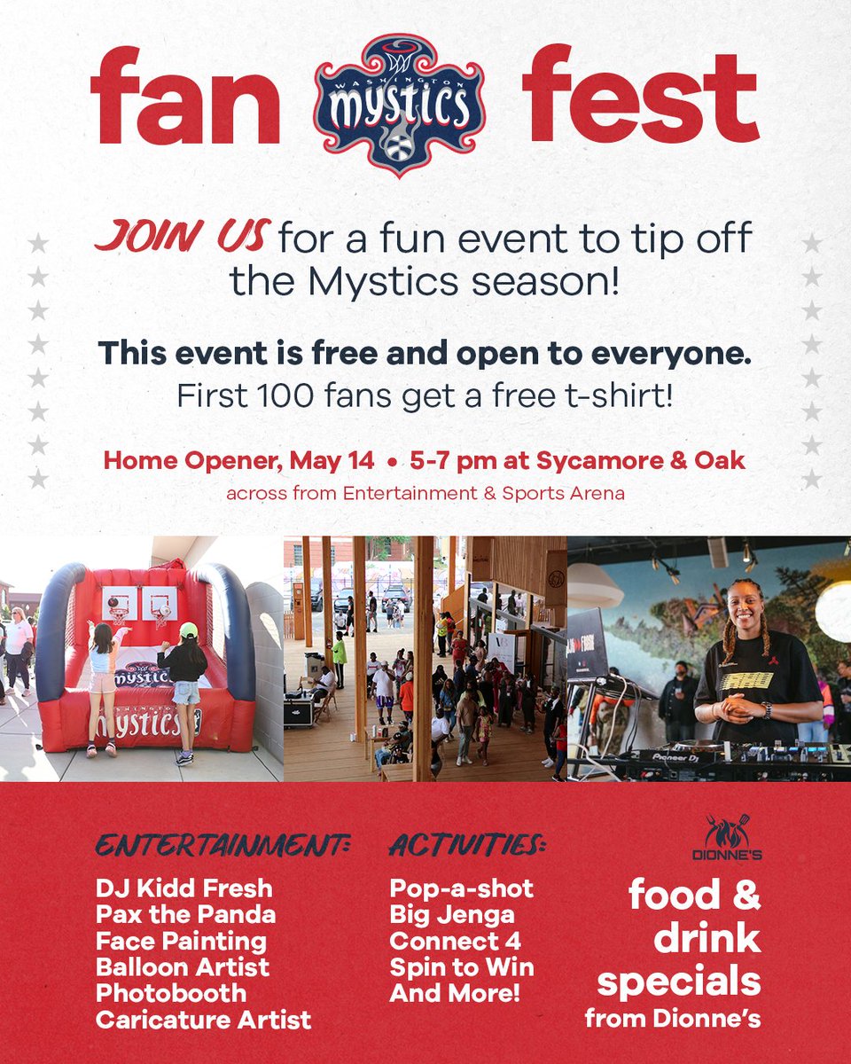 We're doing it BIG for the season opener 👀 Join us before Tuesday's game for Mystics Fan Fest 🎉 Free and open to all fans! See you there!