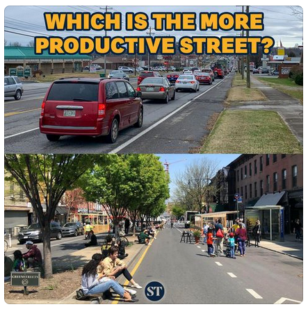 Happy Bike to Work Day!🚴 

We thought we’d drop this image from @strongtowns to show that not only *can* we create more functional development, but streets designed for bikers and walkers have an even bigger impact on communities by helping them be both productive AND protective