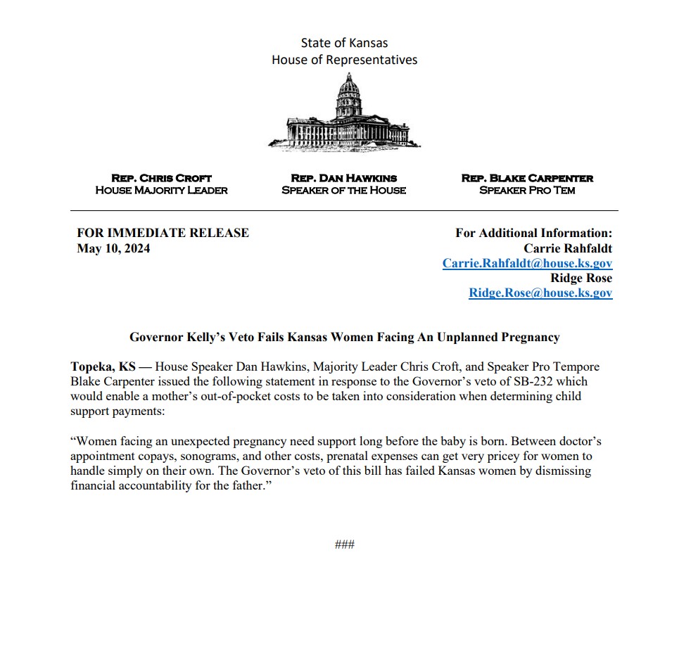 Laura Kelly's Veto Is a Gift to Deadbeat Dads on Mother's Day
#ksleg