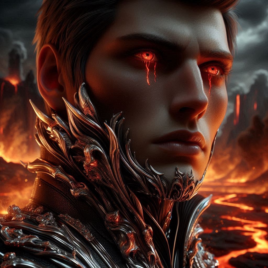 Prompt Share: Ignis, with lips the color of molten lava, stands atop a smoldering volcano, gazing out at the fiery landscape. His attire, a combination of heat-resistant leather and gleaming white-gold accents shaped like flames and volcanic rock, protects him from the intense…