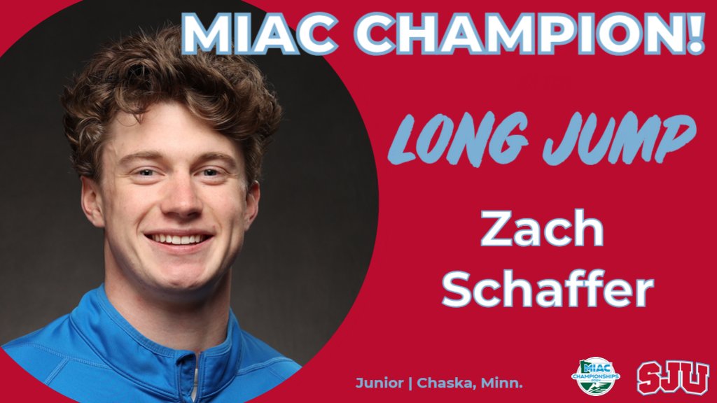 MIAC CHAMPION! Junior Zach Schaffer wins his 2nd-straight MIAC outdoor title in the long jump (4th overall) w/a personal-best mark of 7.23 meters! #GoJohnnies #d3tf