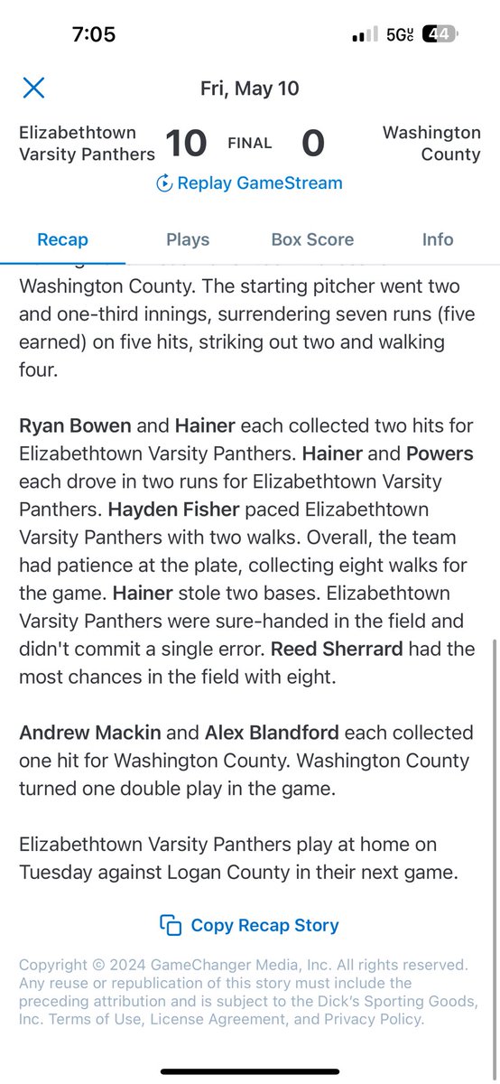 Etown over Washington County 10-0! Panthers travel to Nelson County tomorrow morning for a 11am start! Go Big E! 🐾⚾️