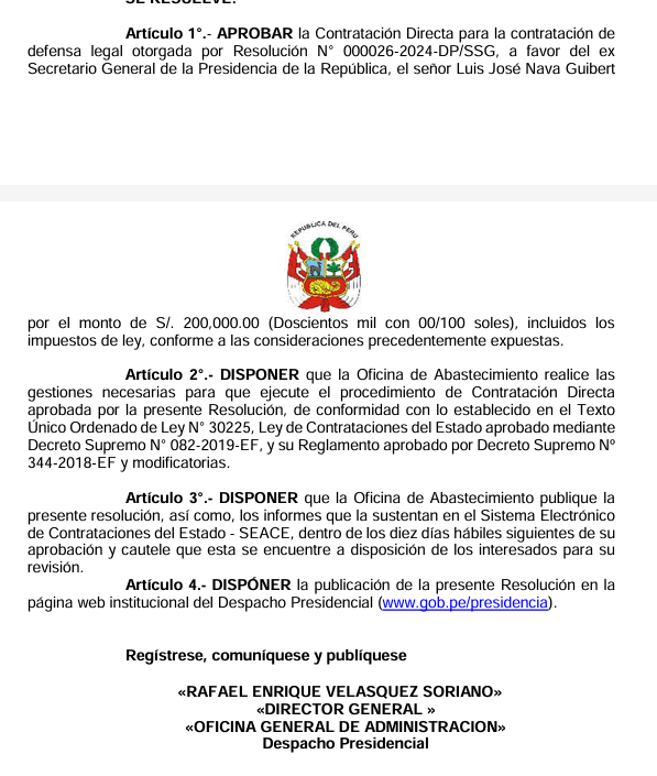 cviguria's tweet photo. Resolución administrativa de presidencia aprobó hoy disponer 200 mil soles para que Luis Nava, exsecretario general del expresidente Alan García, contrate un abogado. https://t.co/n4IltP57qj