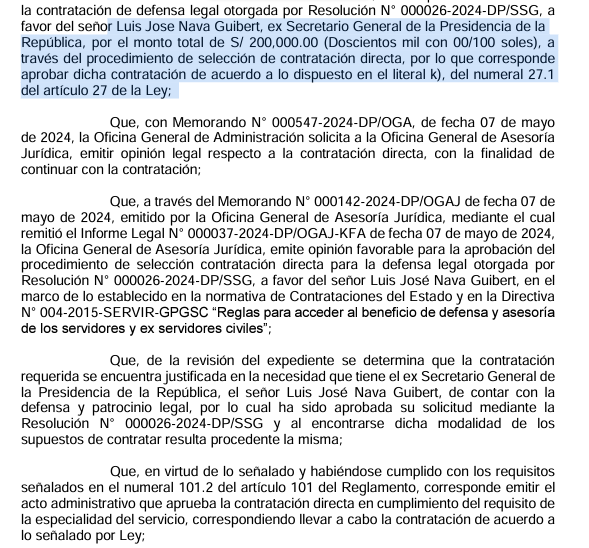 cviguria's tweet photo. Resolución administrativa de presidencia aprobó hoy disponer 200 mil soles para que Luis Nava, exsecretario general del expresidente Alan García, contrate un abogado. https://t.co/n4IltP57qj