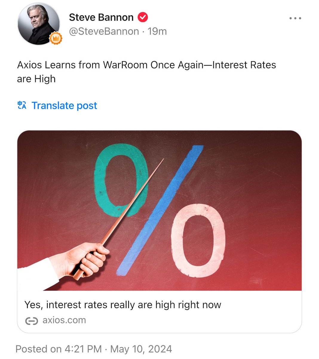 Axios Learns from WarRoom Once Again—Interest Rates are High axios.com/2024/05/10/int…