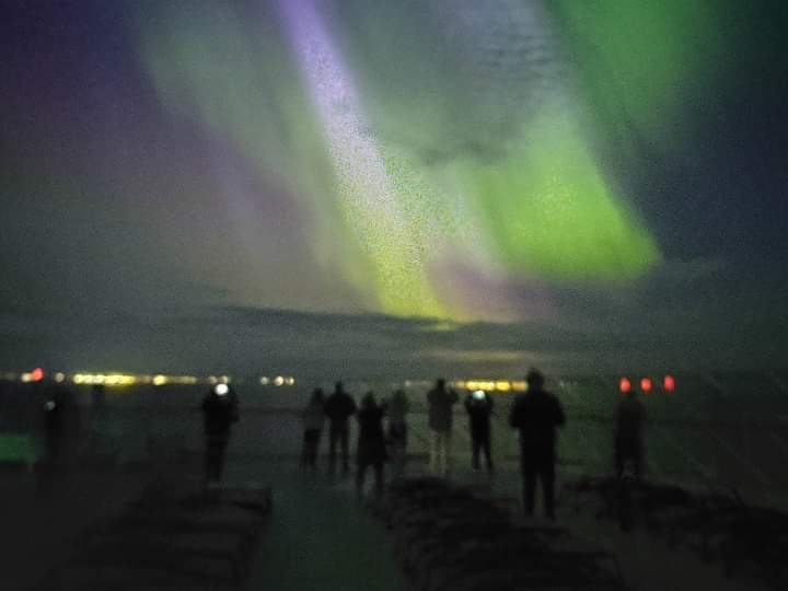 Mum and dad are on a cruise up to Orkney. Dad just messaged: 'Aurora borealis lit up the sky tonight just north of Aberdeen. Captain apologised for waking us up but thought we might like to take a peek. As we'd just left the disco, we didn't mind at all.' Love my folks 😊