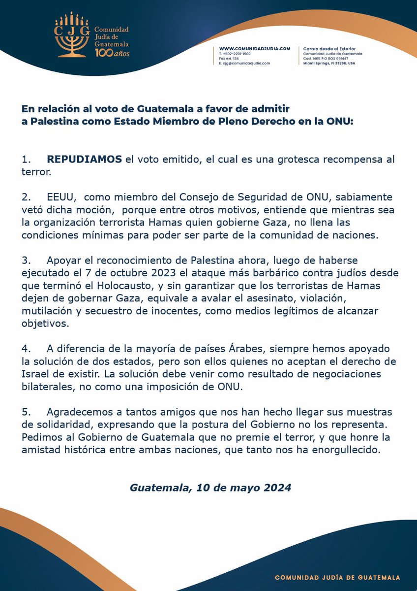 Comunicado de la Comunidad Judía de Guatemala respecto al repudia le voto de Guatemala en las Naciones Unidas