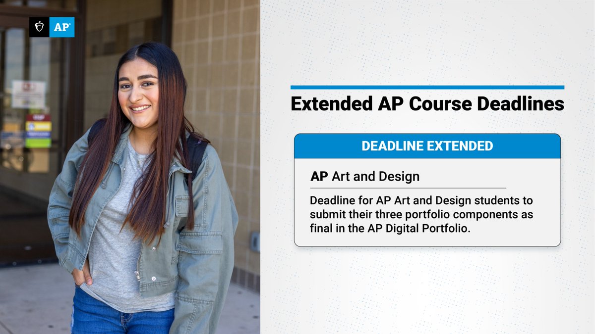 Art and Design Students and Teachers: Due to the site outage today, the submission deadline has been moved to 11:59 pm ET tonight. If students cannot submit work as final by this deadline, please work with your AP coordinator to request an extension through the Digital Portfolio.