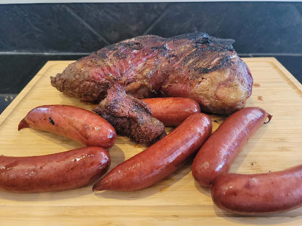 Tri tip and sausages Get smoking Get eating meats Go