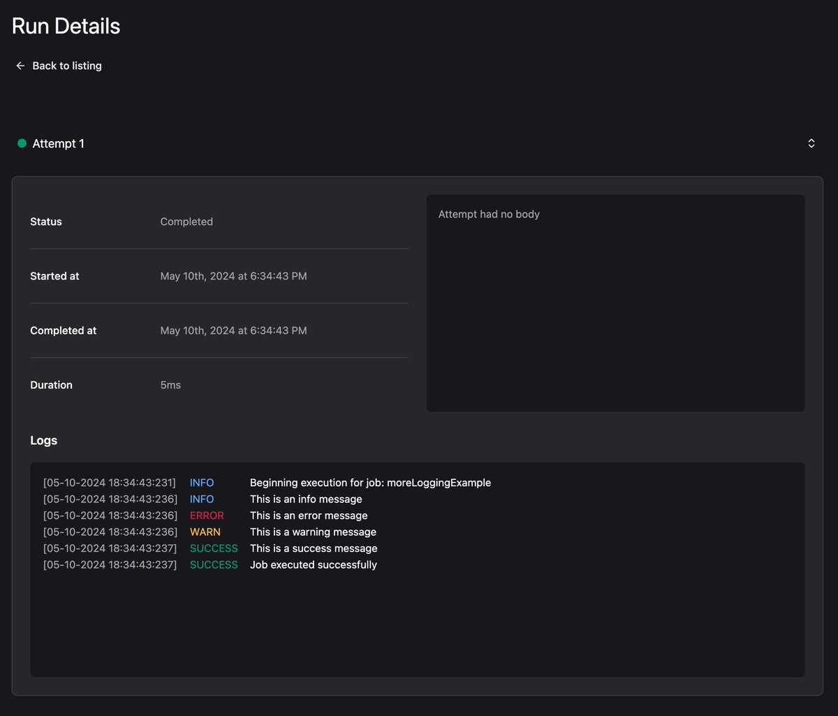 BrockHerion's tweet image. Pretty nice update coming to the Queuebase SDK today: logging

You can now write custom log messages in your jobs and have those messages displayed in your dashboard