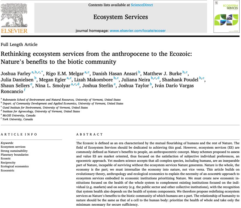 New Article🚨 “We must internalize the economy into Nature. We reject the mainstream economic goal of endless growth. We call for institutions dedicated to the wellbeing of the system for the mutual flourishing of humans & the rest of Nature.” Free now:authors.elsevier.com/c/1j3qN7szSJEX…