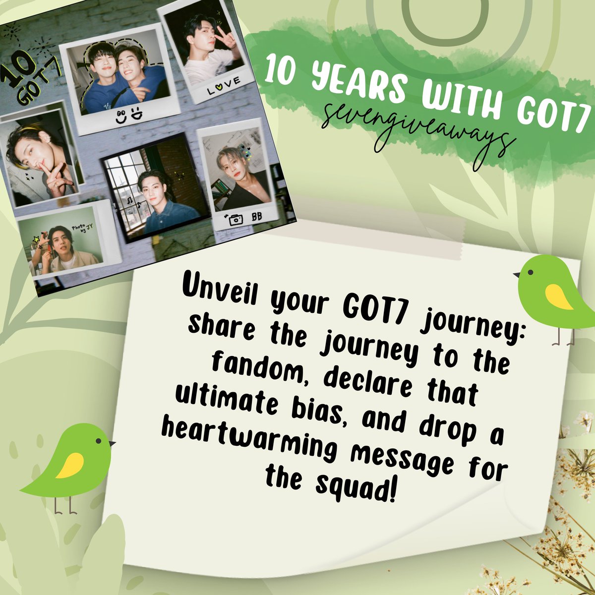 SevenGiveaways's tweet photo. HAPPY BIRTHDAY, AHGASE! 💚🦜

The celebration is never complete without giving back. 

Indulge in nostalgia as you share your personal journey with GOT7 and get a chance to win coveted merchandise! ✨

#GOT7 #GOT7FOREVER
#AHGASE_10YearsAndStillSoaring https://t.co/BNz9zS2Sph