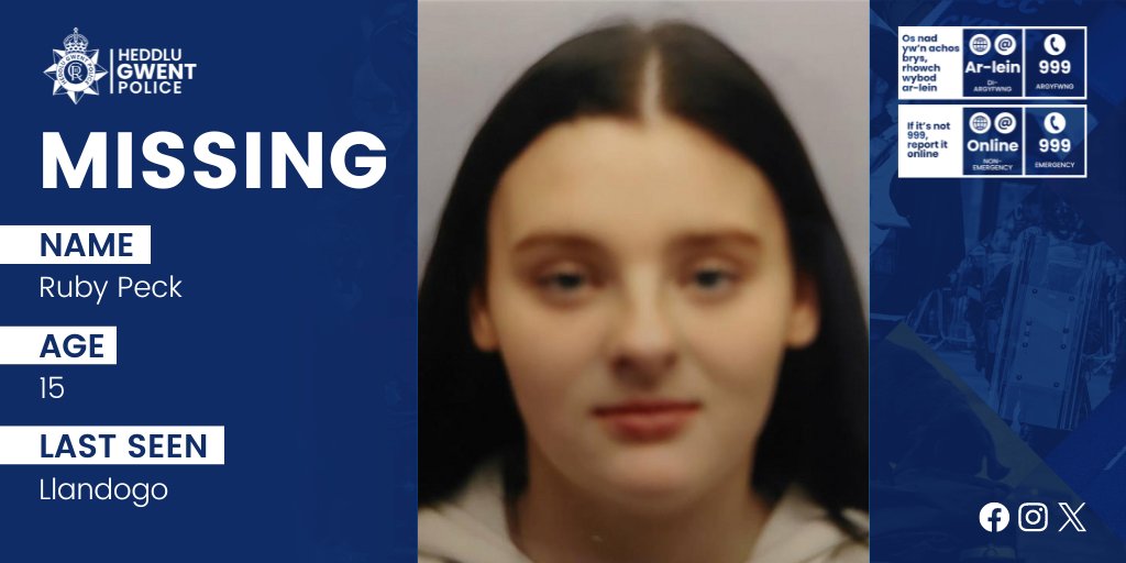 ❗ Ruby Peck, 15, of #Llandogo, was last seen at around 8am on Tuesday 7 May. ℹ️ She has links to #Caldicot and #Chepstow and if you've seen her, call or DM us, quoting log 2400148379. 📱 Ruby is asked to get in contact with us also. 🔗 orlo.uk/Appeal_for_fin…