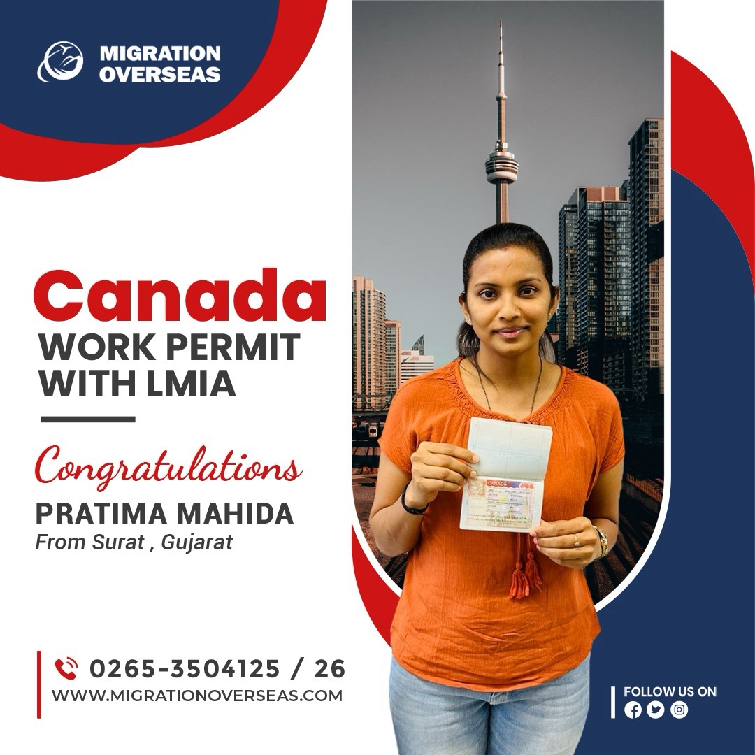 Congrats Mrs. Pratima Mahida from #Surat #Gujarat for #Canada 🇨🇦 #WorkPermit with #LMIA #MigrationOverseas #LatePost. We also sent her husband on open work permit later. Call +91-265-3504125 for an Appointment.