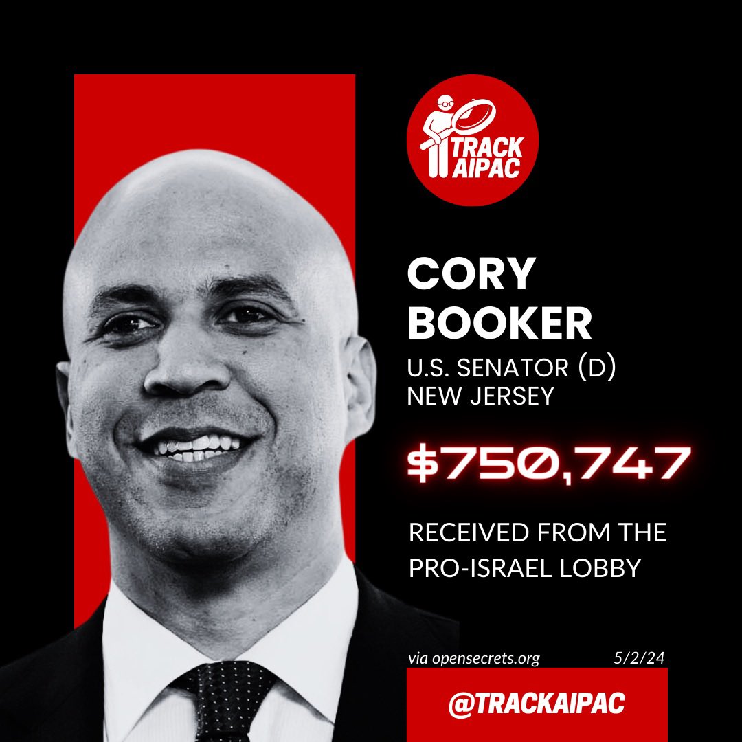 @TheConsciousLee Cory Booker has collected >$750,000 from AIPAC and the Israel lobby. The senator is COMPROMISED. #RejectAIPAC