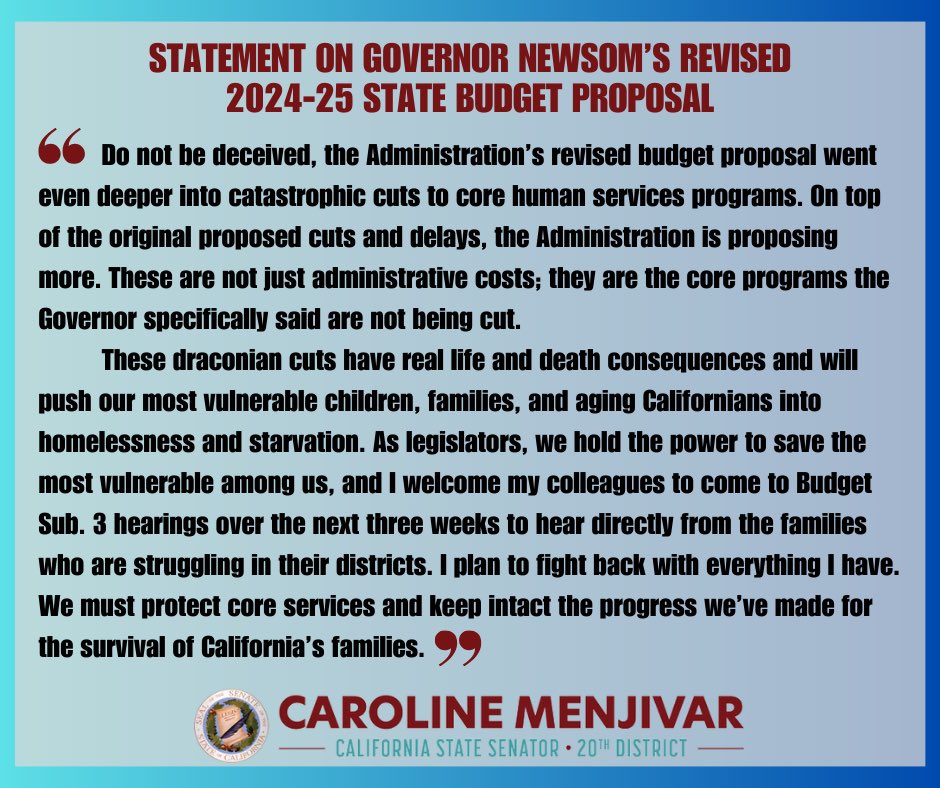 Statement on <a href="/CAgovernor/">Governor Gavin Newsom</a> Newsom’s Revised 2024-25 State Budget Proposal.