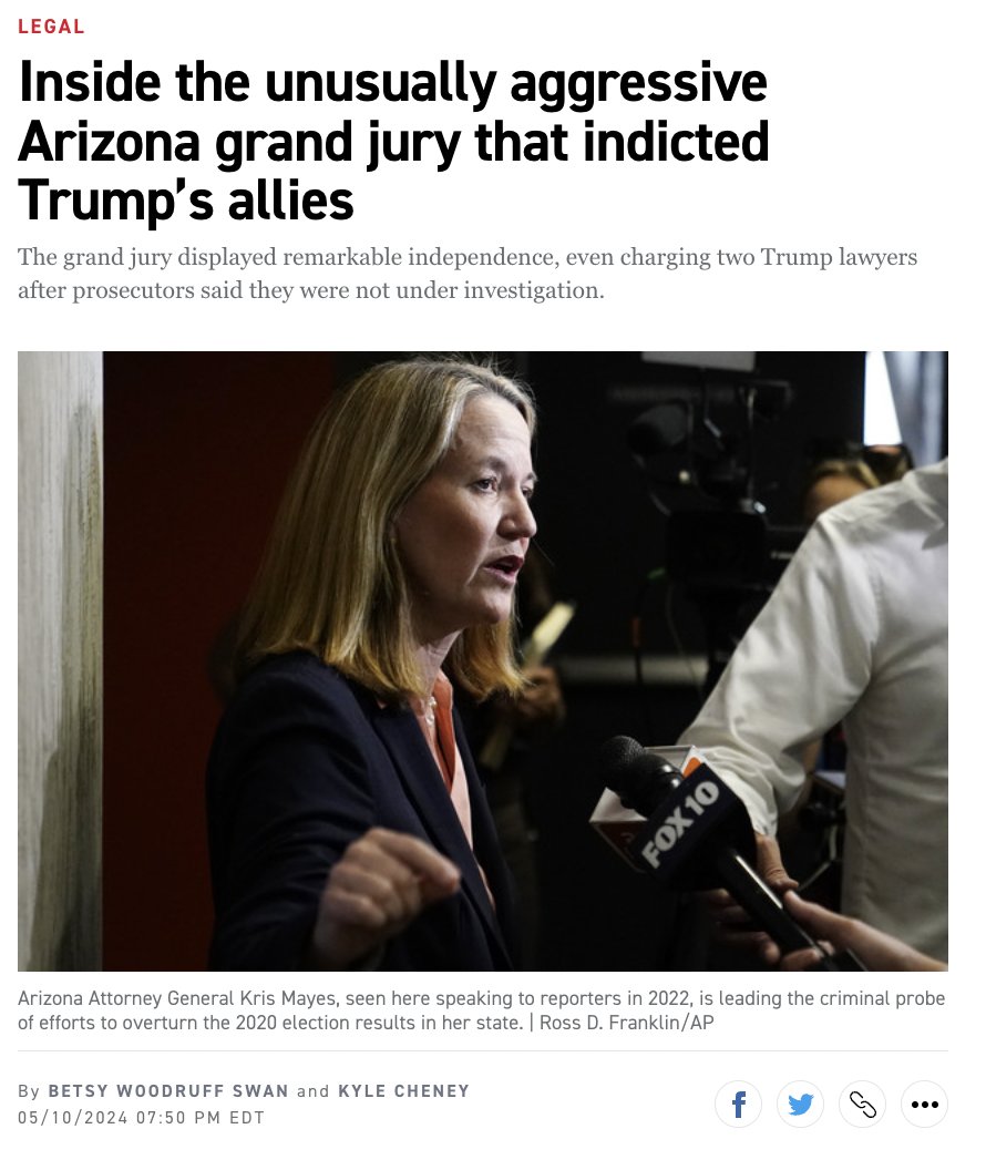 NEW: The Arizona grand jury that indicted 18 Trump allies displayed unusual independence and aggressiveness that at times surpassed AG Kris Mayes' prosecutors. A rare look inside the process that led to last month's indictment. w/ @woodruffbets politico.com/news/2024/05/1…