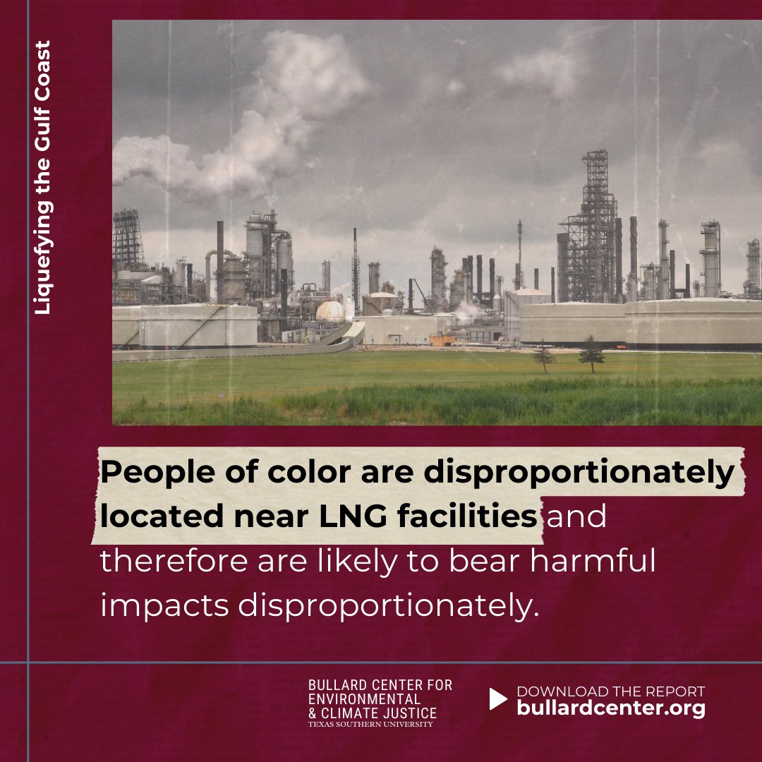 A new report from the @BullardCenter, #LiquefyingTheGulfCoast, calls for better consideration of the impacts of LNG development on communities and the environment. @FERC and @ENERGY must take action for the safety of people and the planet! Learn more: bullardcenter.org/resources/liqu…