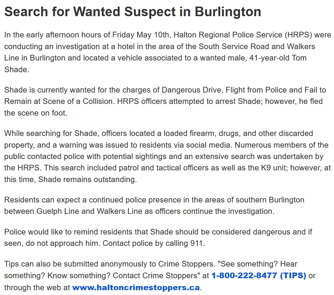 .@HaltonPolice searching for a wanted suspect in #BurlON. Photo and media release --->