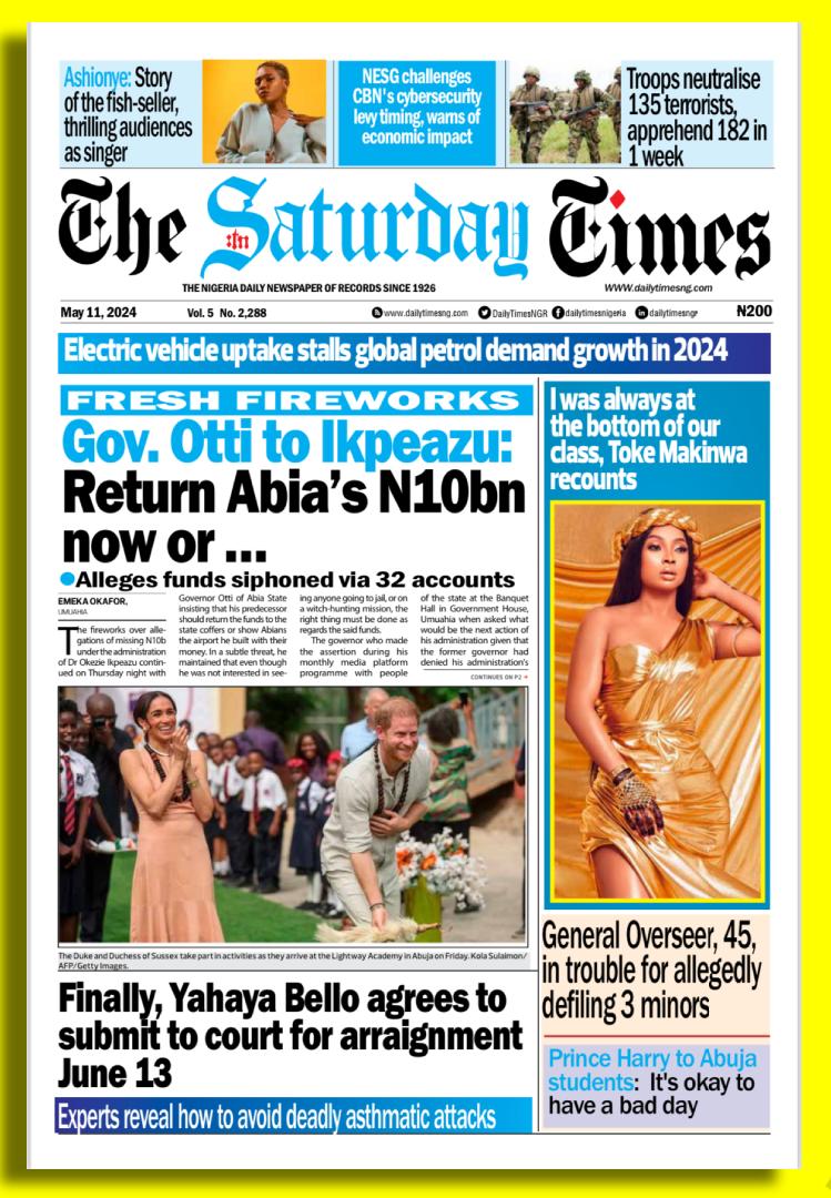 #DailyTimesNGR #CoverStories #Nigerianewspapers #HeadlineNews #NewsUpdate #newsfeed #viralreels #matterarising #Thesaturdaytimes