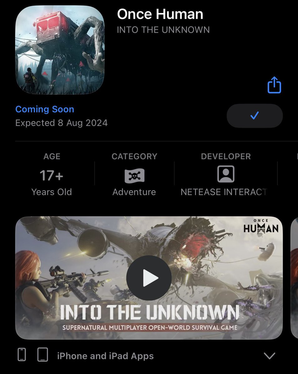 Breaking News‼️

The long awaited open world apocalypse and horror survival game “Once Human” is now available for preregistration on iOS, it is expected to launch globally on 8th August 2024!
#OnceHuman