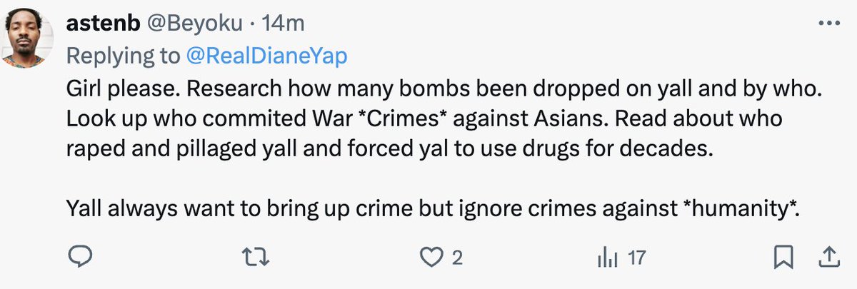 'But whatabout bombs dropped 80 years ago in a different country during a war the other country started? Why aren't you talking about that instead of black people violently attacking Asians in this country today?'