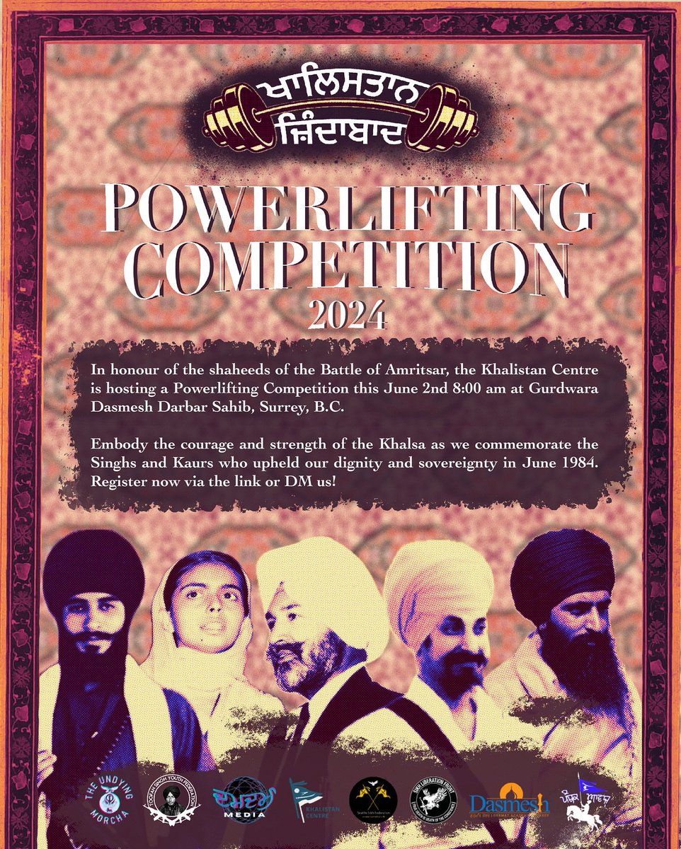 * SURREY POWERLIFTING COMP- 2nd June, Dasmesh Darbar Gurdwara * Sikh orgs will bring sangat (Sikh congregation) together through sport in remembrance of the Shaheeds (Sikh martyrs) of the 1984 #BattleOfAmritsar Sikh resistance. Sign up to participate: docs.google.com/forms/d/e/1FAI…