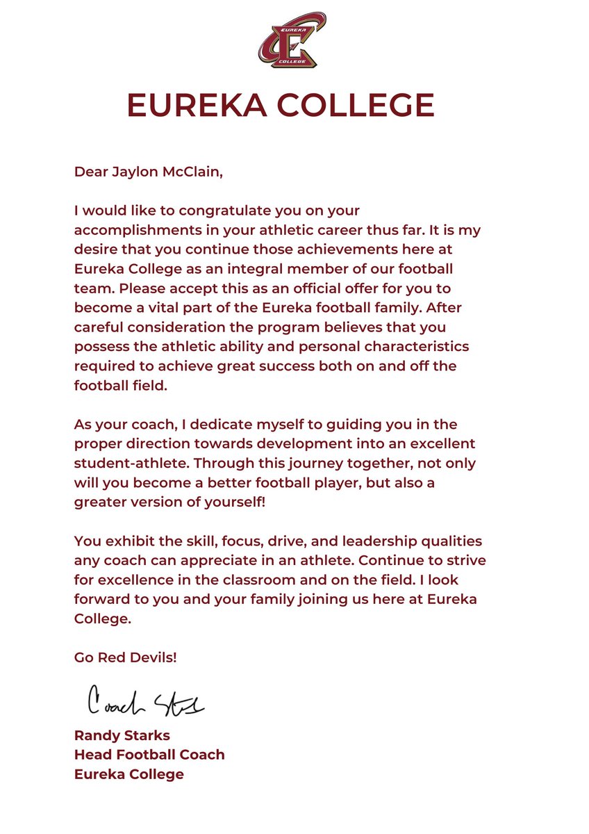 Blessed To Receive An Offer From Eureka College #GoRedDevils <a href="/REDDEVILRBCOACH/">Coach Jalen</a>