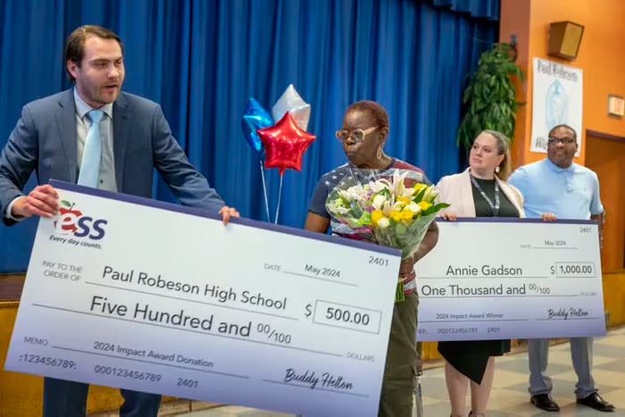 During a surprise announcement, Annie Gadson, an ESS Impact Award Nominee from Paul Robeson High School, was honored as the Best Building Substitute in the region. From over 1,000 nominees, she received $1,000 and a trophy, with Paul Robeson High School also receiving $500.