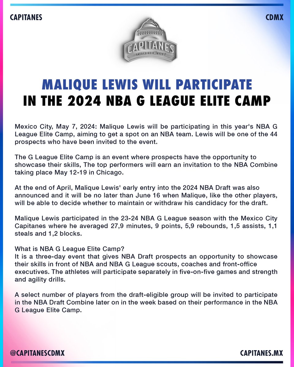Show 'em, Malique! Malique Lewis estará participando en el NBA G League Elite Camp de este año, para continuar su preparación y buscar un espacio en un equipo de la NBA. #SomosCapitanes
